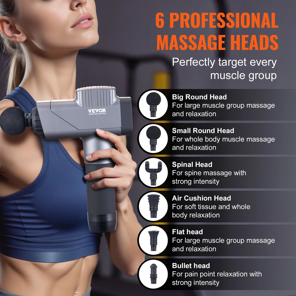 Professional Deep Tissue Massage Gun - 8 Speeds, 6 Heads