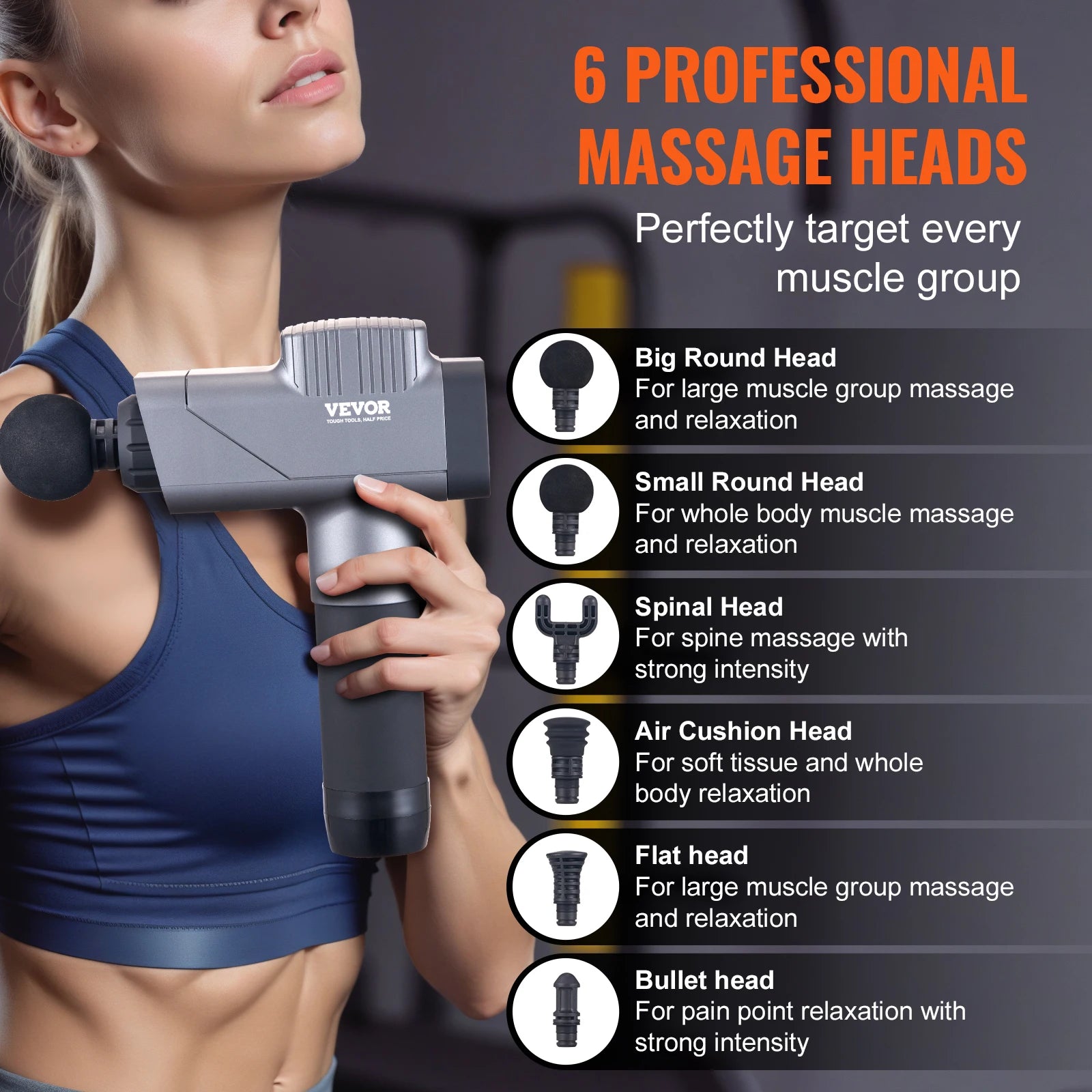 Professional Deep Tissue Massage Gun - 8 Speeds, 6 Heads