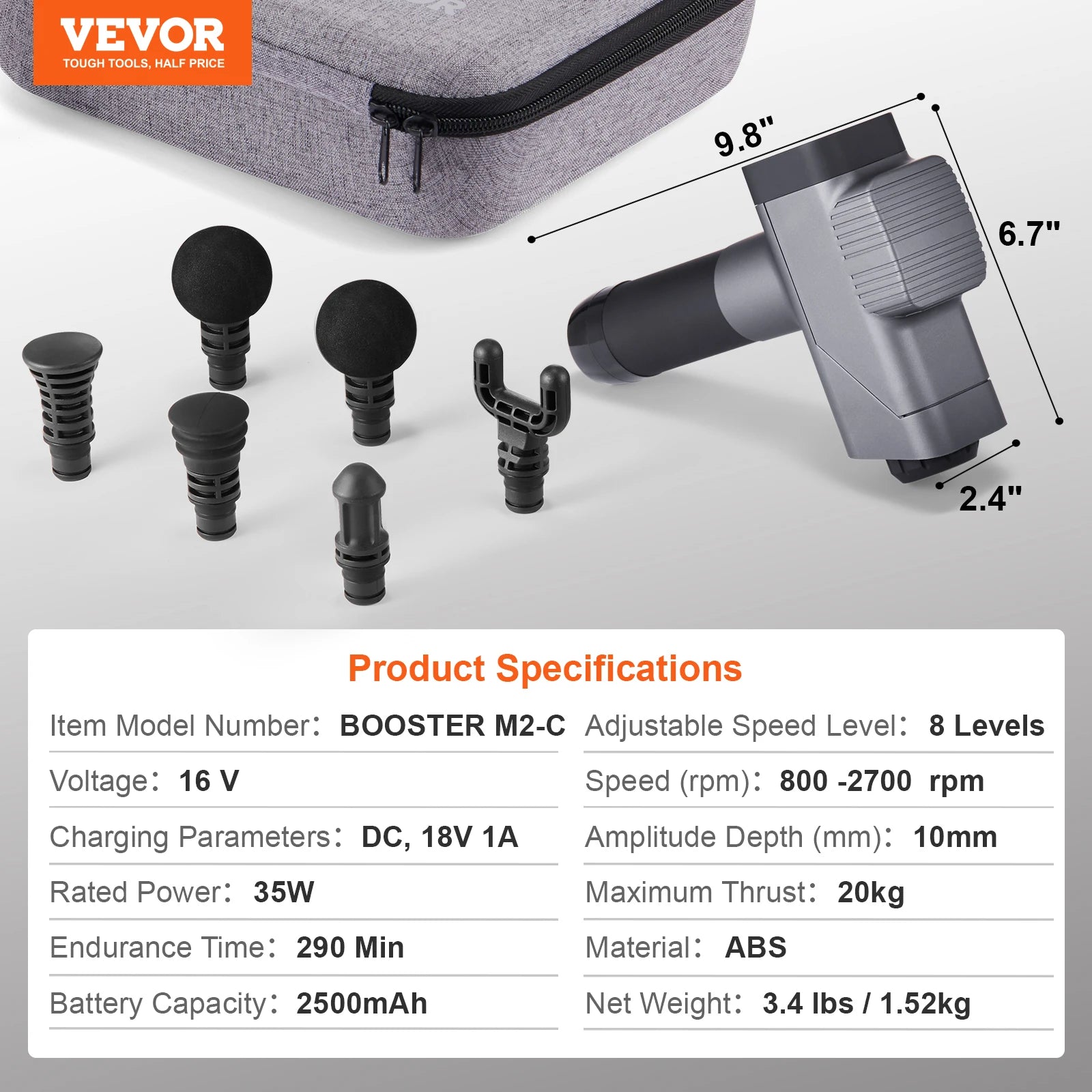 Professional Deep Tissue Massage Gun - 8 Speeds, 6 Heads