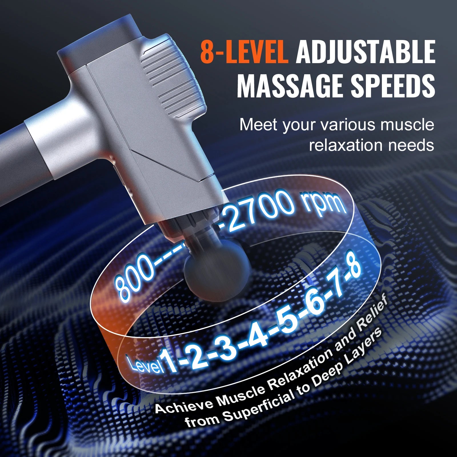 Professional Deep Tissue Massage Gun - 8 Speeds, 6 Heads